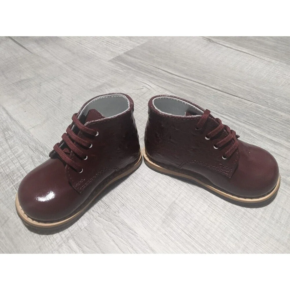 New Josmo Walker Burgundy Patent Ostrich Tie Baby Shoes Sz 3 w/ Box